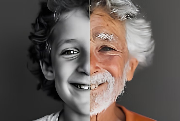 A face split between youth and later life